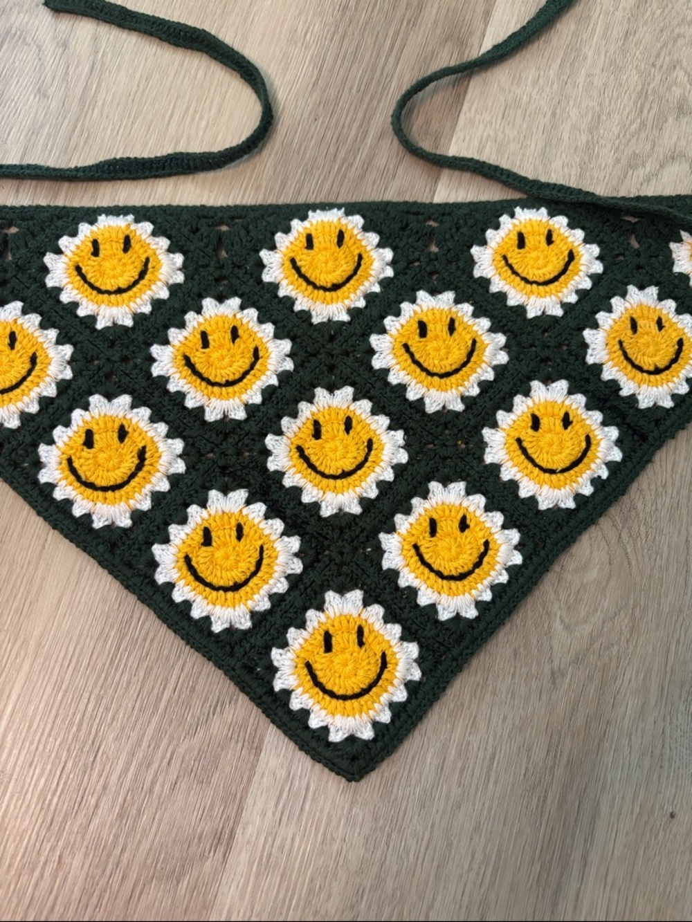 Smiley Face Crochet Hair Bandana - Dark Green & Yellow Boho Kerchief festival - Picture 2 of 3